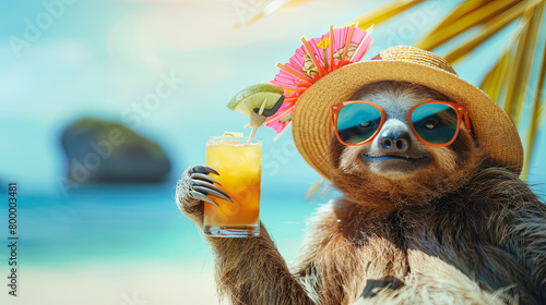 A sloth blooper, sunglasses and a glass of cocktail against the background of the ocean