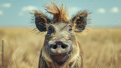 A close up photo of an ugly warthog with a funny hairdo