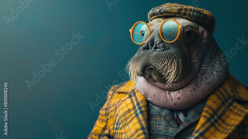 A dapper walrus wearing a tweed jacket and glasses