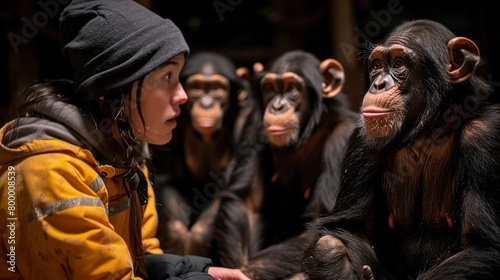 An ethologist studying animal communication in a primate troop,Sequence of images showing primate vocalizations and gestures