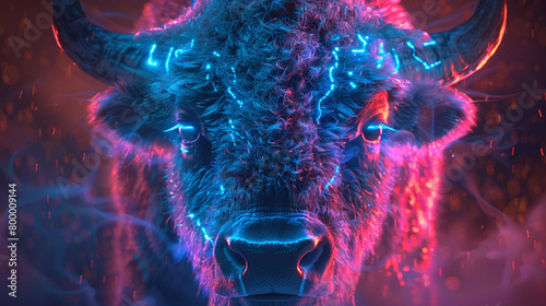A digital painting of a neon blue and pink American bison with glowing red eyes and smoke coming from its nostrils