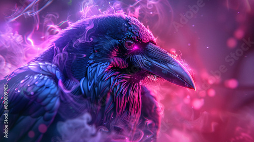 A digital painting of a raven with glowing pink eyes and feathers