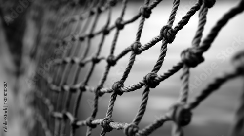 Detailed monochrome close-up of a network of knotted ropes creating a grid pattern.