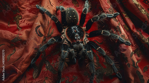 A large tarantula sits on a red cloth