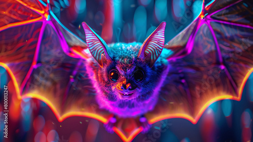 A neon-colored bat with its wings outstretched against a dark background