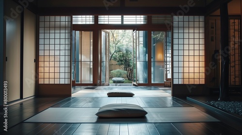Traditional Japanese ryokan with tatami mats, sliding doors, and minimalist decor.