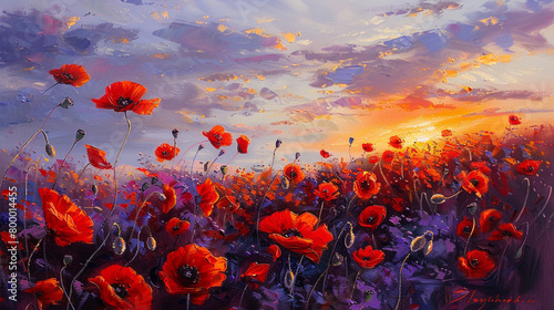 Vibrant and dynamic landscape of a poppy field at sunset, captured in impressionistic oil with intense reds.