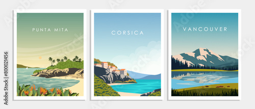 Set of travel posters, covers, postcards