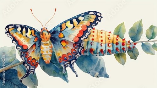Vibrant watercolor portrayal of caterpillars at different stages of growth, painted on a white background