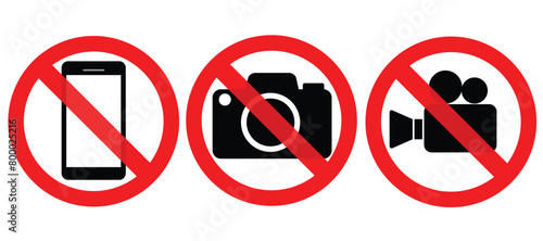 No Photographing prohibition sign symbol icon. Video, photo, phone, prohibited logo pictogram. Isolated on white background.
