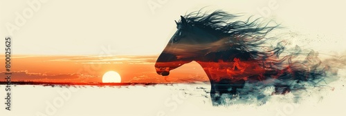 Double exposure of horse with sunrise and grass