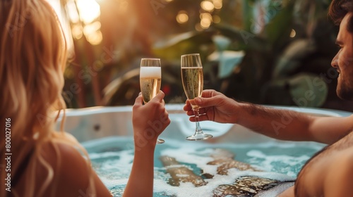 A man and a woman toast with champagne in a hot tub