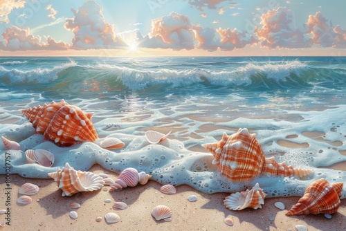 Beautiful seascape with seashells on sandy beach.