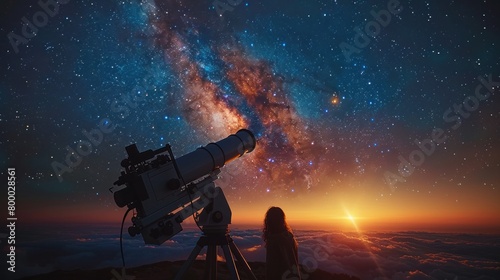 Astronomers observing celestial objects through a large telescope,Stars and galaxies visible in the night sky