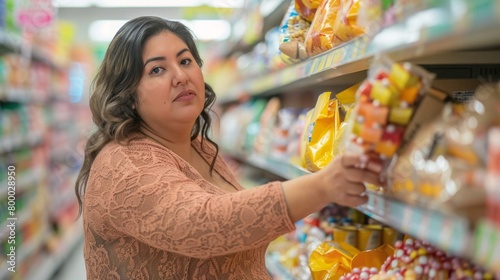 Woman in pink lace top shopping in supermarket aisle with various packaged food items.