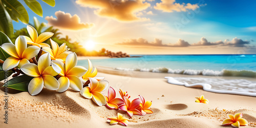 Beach summer panoramic background with frangipani flowers on the sand