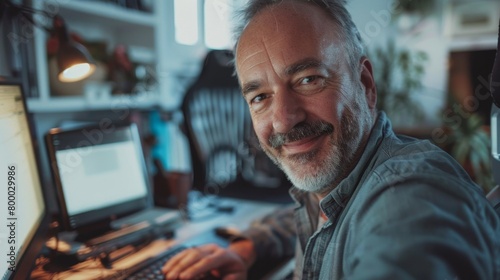 Smiling man with gray beard and mustache wearing a blue shirt sitting ata desk with a laptop and a blurred background of a home office.