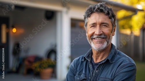 Smiling man with gray beard and hair wearing blue denim shirt standing in front of garage door with open window surrounded by potted plants and outdoor fu rniture.