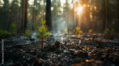 Wildfire burns ground in forest with young sapling growing out of the ashes of a burnt tree trunk. Contrast between the charred wood and the green of the new life