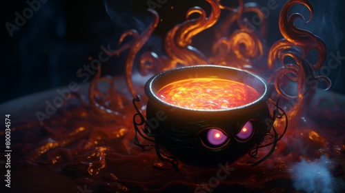 A cauldron boils with a bright orange bubbling liquid. The cauldron has two eyes and tentacles and the liquid is bubbling over.