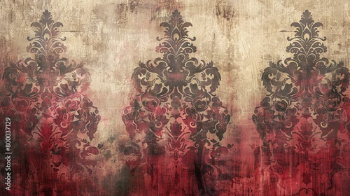 A dark red and black damask pattern on a white background with a distressed grunge texture.