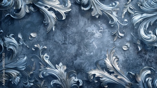 An elaborate rococo pattern with intricate swirls and curls in faded sapphire and silver
