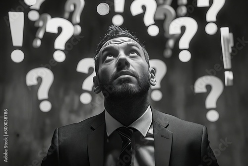 A man in a suit is looking up at a wall of questions. Concept of curiosity and uncertainty, as the man is pondering the meaning of the questions