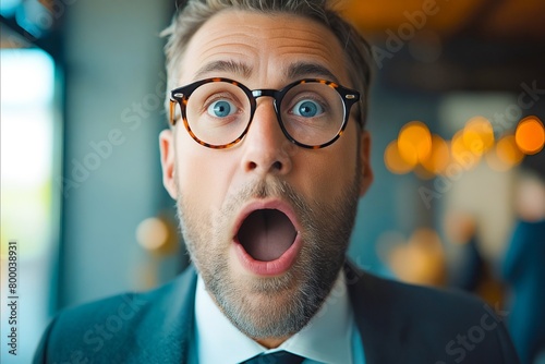A man with glasses is looking surprised. He has a beard and is wearing a suit. The image has a serious and professional mood