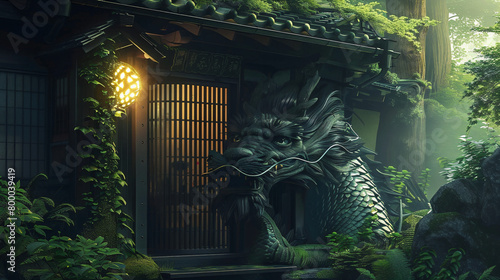  Guardian creature sitting on the threshold of a Japanese tea house, greeting guests with soft light — magical realism.
