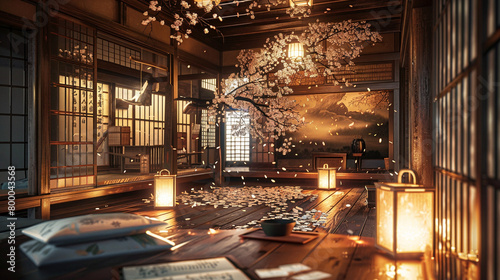 In an ancient Edo period library, scrolls and ink pots float mid-air. soft glow of paper lanterns highlights calligraphy brushes moving on their own, scripting tales of old. 