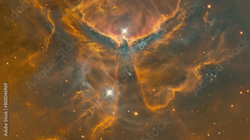 Stunning phoenix-like nebula lights up the cosmic landscape in vibrant orange and gold hues