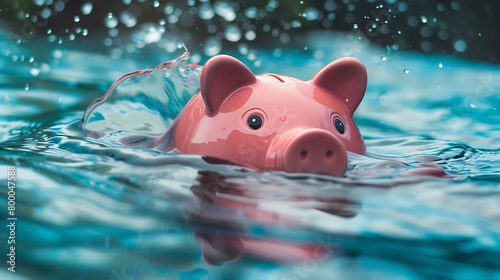 Piggy bank drowning in sea bankruptcy crisis investment failure, budget issue, financial risk, debt problem