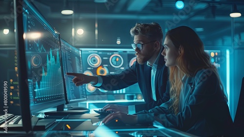 Two white caucasian people man and woman data analysts working together in office with data chart at computer analyzing on laptop