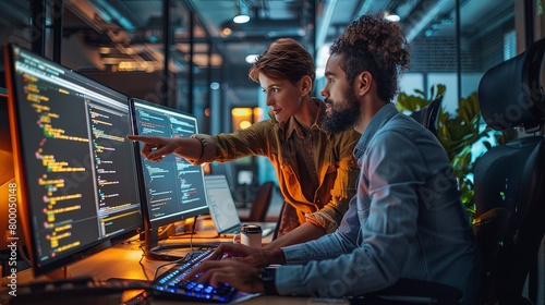 Two caucasian white software engineers man and woman working together in web development writing code on screen in program