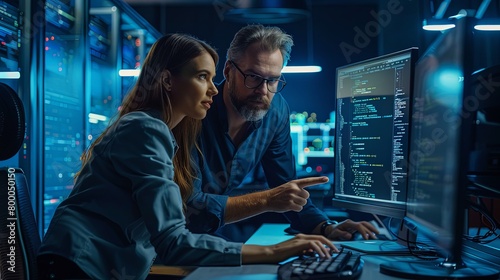 Two caucasian white software engineers man and woman working together in web development writing code on screen in program
