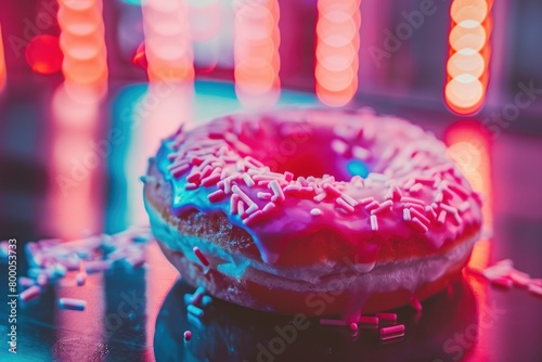 A single donut with a pink glaze and white sprinkles set in a subdued bokeh lights background