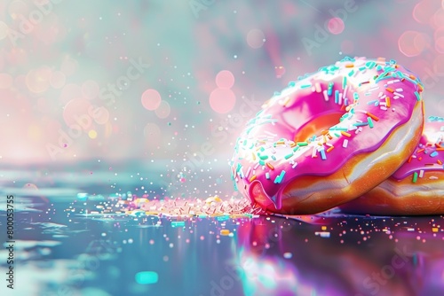 This enticing image showcases a frosted donut with colorful sprinkles amid a sparkling pink bokeh effect