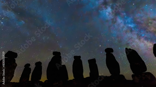 Ancient stone circle under a starry night sky with a bright moon