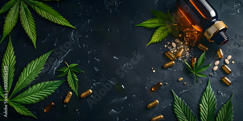 A green background with marijuana leaves and a grinder,Marijuana and criminality concept,Photo of cannabis leaf extracted from hemp oil product.