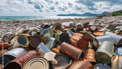 Symbolfoto, viele leere Konservendosen, teilweise zerdrückt, rostig, schmutzig, liegen am Strand, Abfall