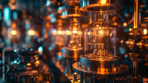 Close up of a vacuum tube in a glass machine, creating symmetry in the darkness
