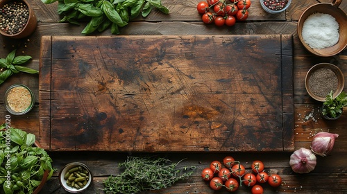 A wooden cutting board on a wooden table. On the left of the board are various spices and herbs. On the right of the board are tomatoes, garlic, and more spices.