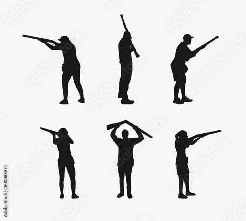 shotgun shooting sport silhouette collection set. shooting competition, clay target, skeet shooting, hunting. vector illustration.