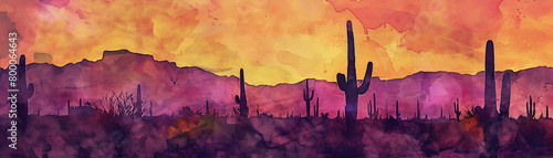 Desert with cacti at dusk, watercolor texture, low angle, deep oranges and purples