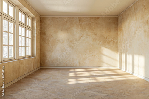 mockup empty room in a classic interior in beige color with sunlight with copy space. room layout.