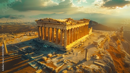High-angle view of the Parthenon, ancient Greek temple, historical site