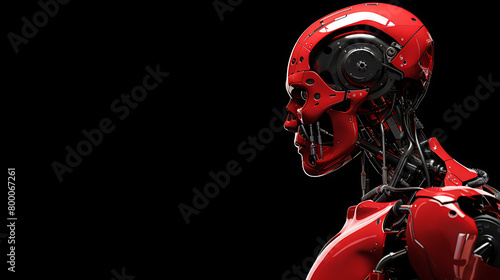futuristic robot man or red humanoid cyborg with metallic skull head. Side back view isolated on black background with free copy space for text.