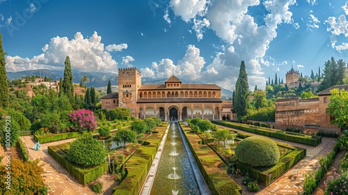 High-angle view of the Alhambra's Generalife gardens, Moorish architecture, historical site