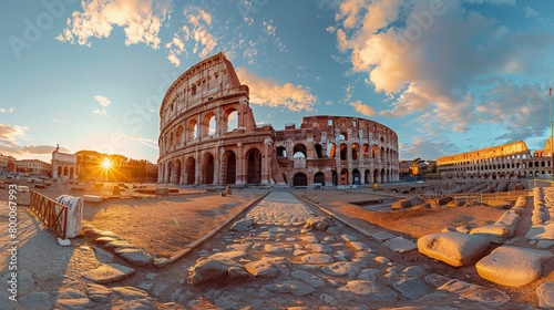 Panoramic view of the Colosseum, iconic Roman amphitheater, historical site