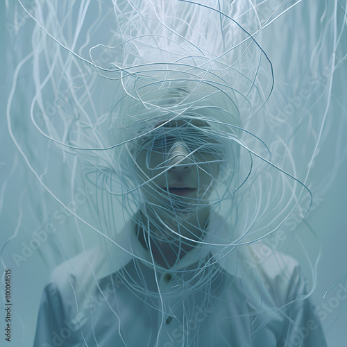 Enigmatic Entity: A Faceless Figure Amidst Chaotic White Threads Against a Muted Backdrop